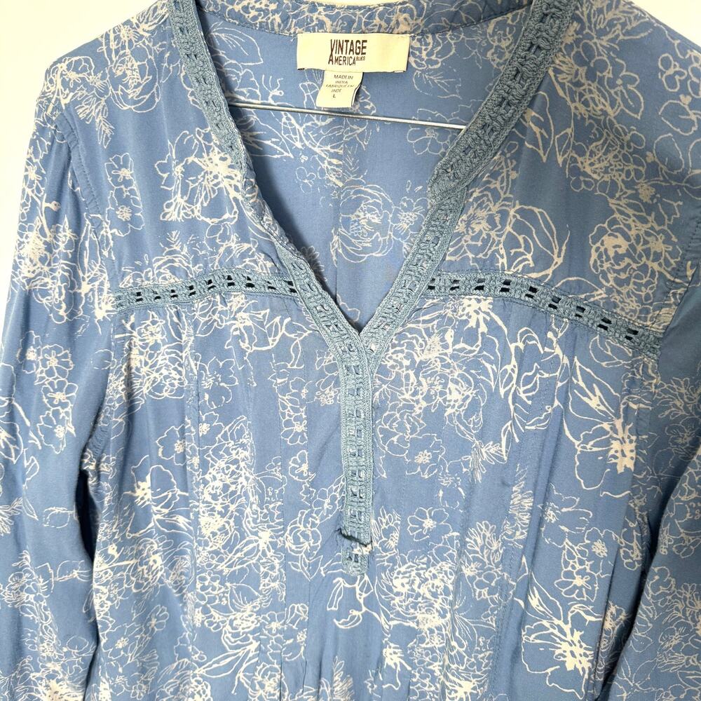 Vintage America Blues Women Missy Top L Blue Floral SOFT 100% Modal Boho Crochet - Picture 4 of 11
